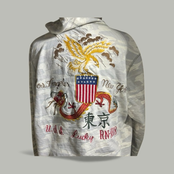 Lucky Brand Vintage Inspired Light Gray Camo Zip Up Embroidered Large Hoodie - Picture 2 of 16